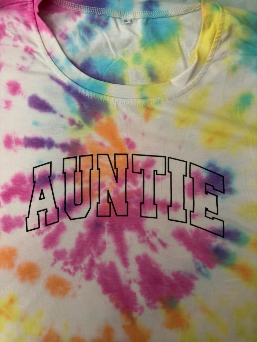 Hand Tie-Dye “AUNTIE” Graphic T-Shirt with Rainbow Spiral Tie Dye Size XL - Picture 2 of 3